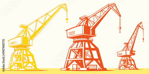 Pump jacks in different colors are shown side by side Vector