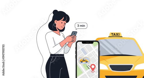 Woman Using Phone Next Taxi.