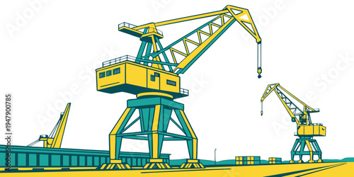A large yellow and green crane on a dock Vector