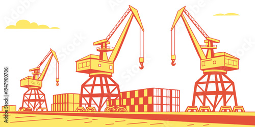Three cranes are lifting boxes on a dock Vector