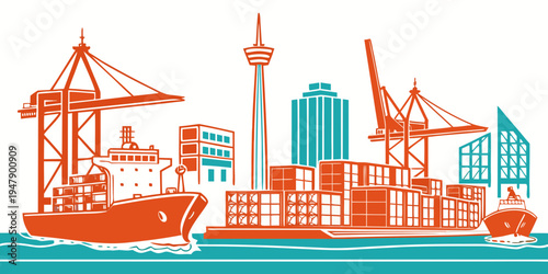 Cargo ships and cranes at a port with city skyline Vector