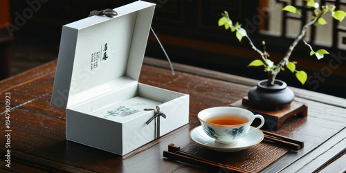 Elegant tea set presentation. Open box, cup, saucer, small branch, dark wood surface, soft lighting, calm atmosphere.