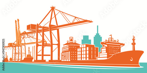 A large cargo ship docked at a port with cranes Vector