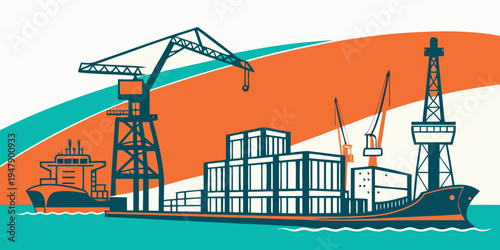 A cargo ship with cranes and containers on the dock Vector