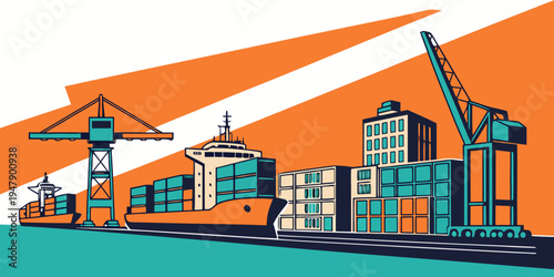 A city skyline with cranes and buildings by the water Vector
