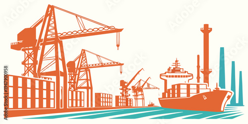 A cargo ship and cranes at a port facility Vector