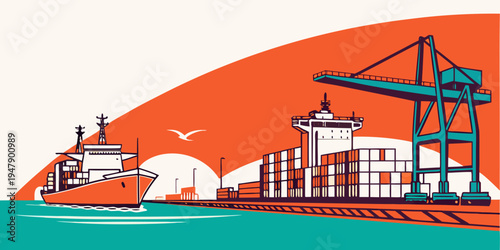A cargo ship docked at a port with a crane Vector