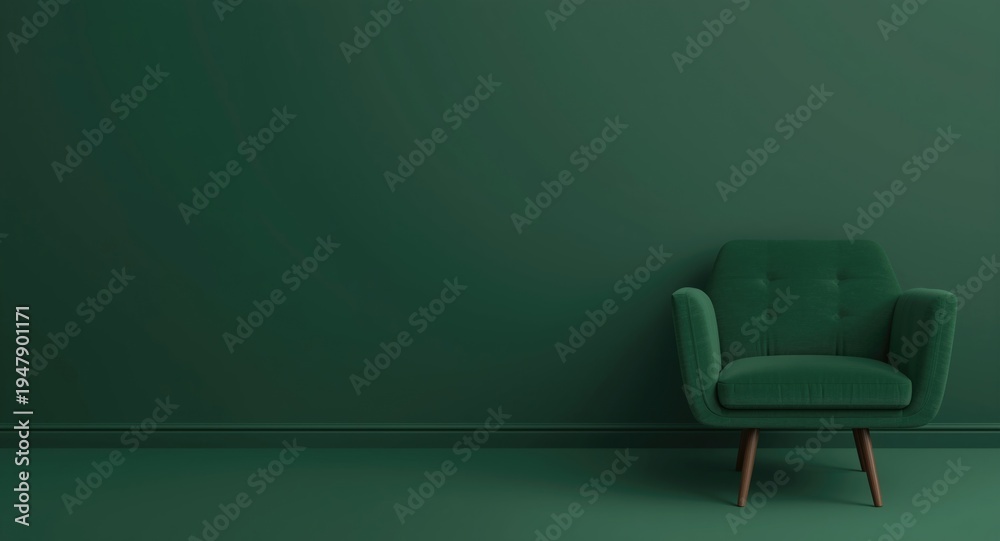 Fototapeta premium Cozy dark wall mockup including a green upholstered chair set against a unified green background