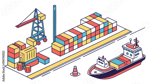 A cargo ship and containers on a dock with a crane Vector