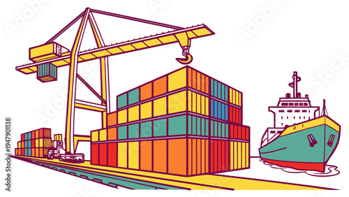 A large cargo ship and crane loading colorful shipping containers Vector
