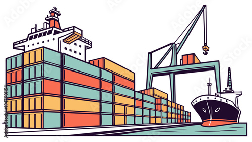 A cargo ship and crane loading colorful shipping containers Vector
