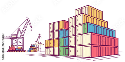 A stack of colorful shipping containers next to a crane Vector