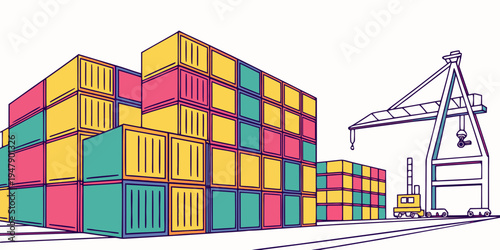 A stack of colorful shipping containers next to a crane Vector