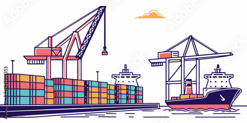 A cargo ship and crane loading colorful shipping containers Vector