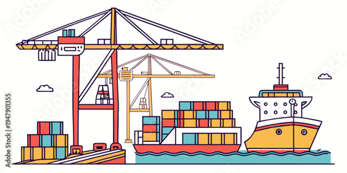 A cargo ship loading containers at a port Vector