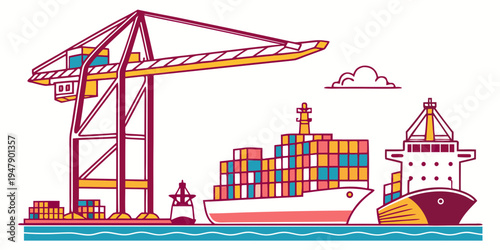 A cargo ship and crane are loading containers Vector