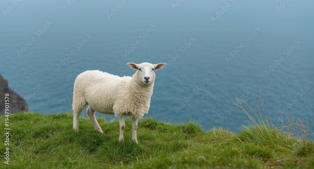 Obraz premium Cheerful white sheep standing on fresh green grassy cliff with peaceful blue sea behind