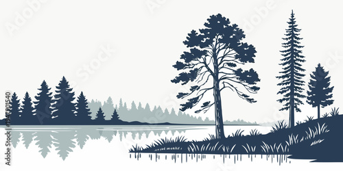 A serene lake scene with trees on the shore Vector