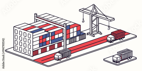 A large warehouse with a crane and trucks Vector