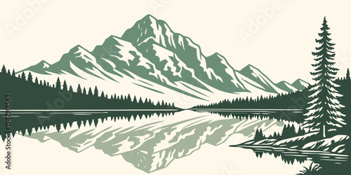 A serene mountain landscape with a lake and trees Vector