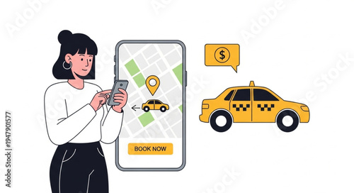 Woman Using Phone with Taxi.
