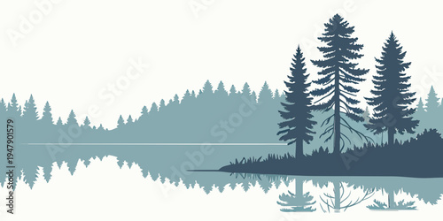 A serene lake scene with trees on the shore Vector