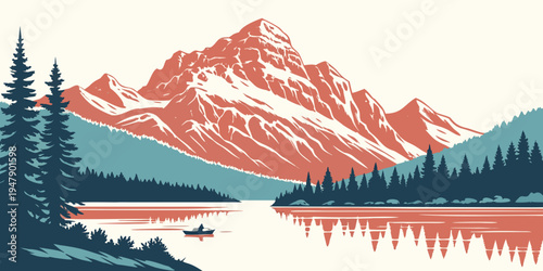 A serene mountain lake scene with a boat on the water Vector