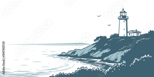 A lighthouse on a rocky cliff overlooking the ocean Vector