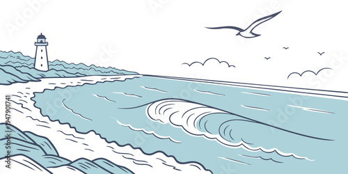 A scenic view of a lighthouse by the sea Vector