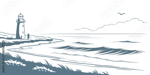 A lighthouse on a rocky coastline with seagulls flying overhead Vector