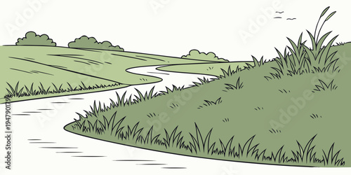 A stream runs through a lush green landscape Vector