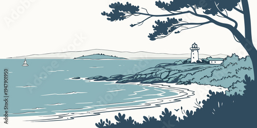 A scenic view of a lighthouse by the sea Vector