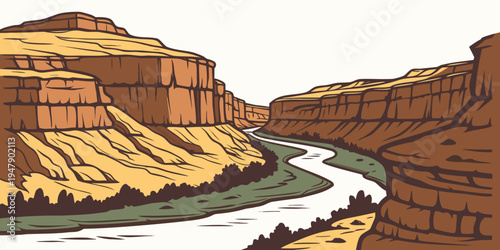 A river running through a canyon with brown cliffs Vector