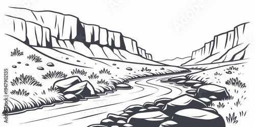 A black and white drawing of a rocky canyon with a river running through it Vector