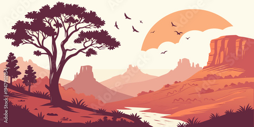 A desert landscape with a tree and a river Vector