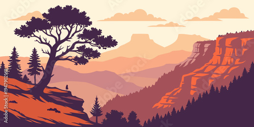 A tree on a hillside overlooking a valley Vector