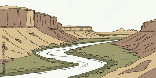 A river flowing through a desert canyon landscape Vector