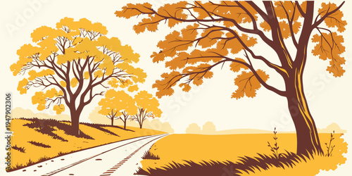 A dirt road lined with trees during autumn Vector