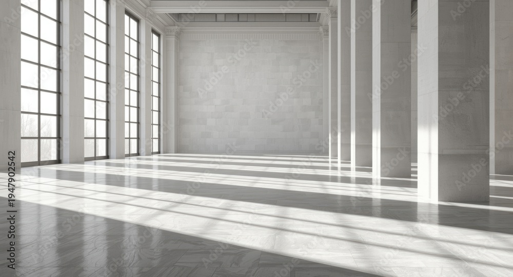 Obraz premium Spacious daylight filled interior showcasing pillars and dramatic shadows including copy space
