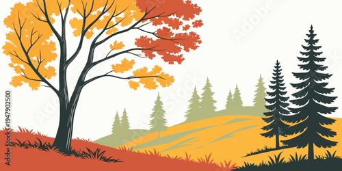 A colorful landscape with a tree and evergreen trees Vector