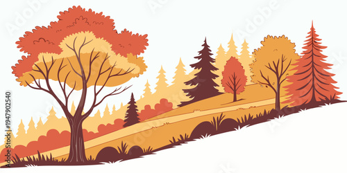 A colorful autumn landscape with trees on a hillside Vector