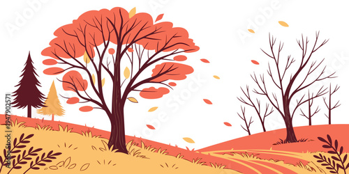A colorful autumn landscape with trees and hills Vector