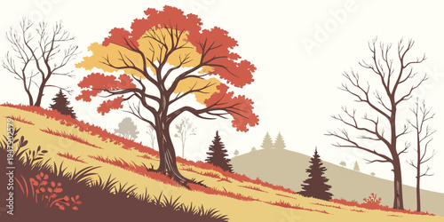 A colorful tree on a hillside in autumn Vector