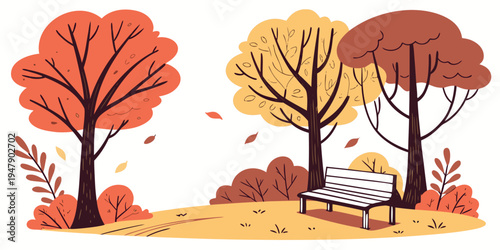 A park bench surrounded by trees with autumn leaves Vector