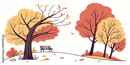 A park scene with colorful trees and a bench Vector
