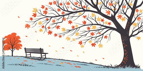 A tree with orange leaves and a bench in the park during autumn Vector