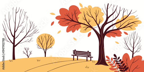 A bench sitting under a tree with fall leaves Vector