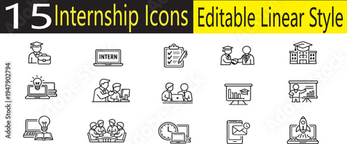 Unique Internship Vector Icon Set, 15 Editable Bold Outline Icons Collection, Student Internship Career Training, Office Work Experience Symbols, Business Internship Program Concept, Isolated on White