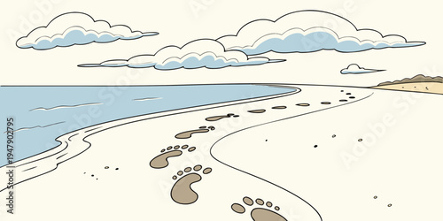A beach with footprints in the sand and a cloudy sky Vector
