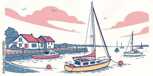 A colorful illustration of boats docked in a harbor Vector